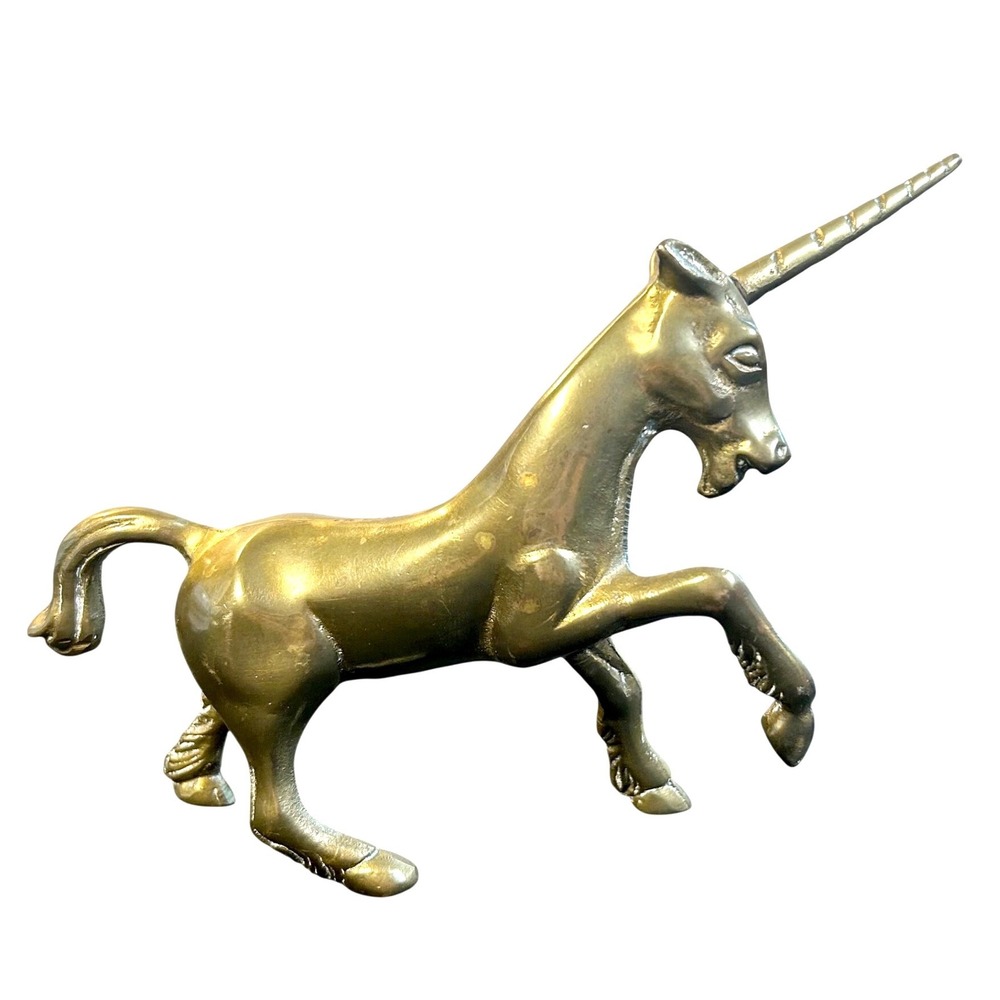 Vintage MCM Solid Brass Unicorn Figurine 6.5" Prancing Statue Hollywood Regency